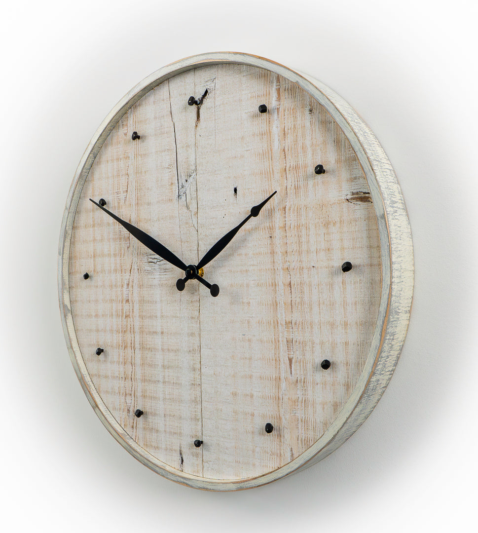 16" Reclaimed White Barnboard Wall Clock with Distressed Maple Frame & Antique Nail Hour Markers