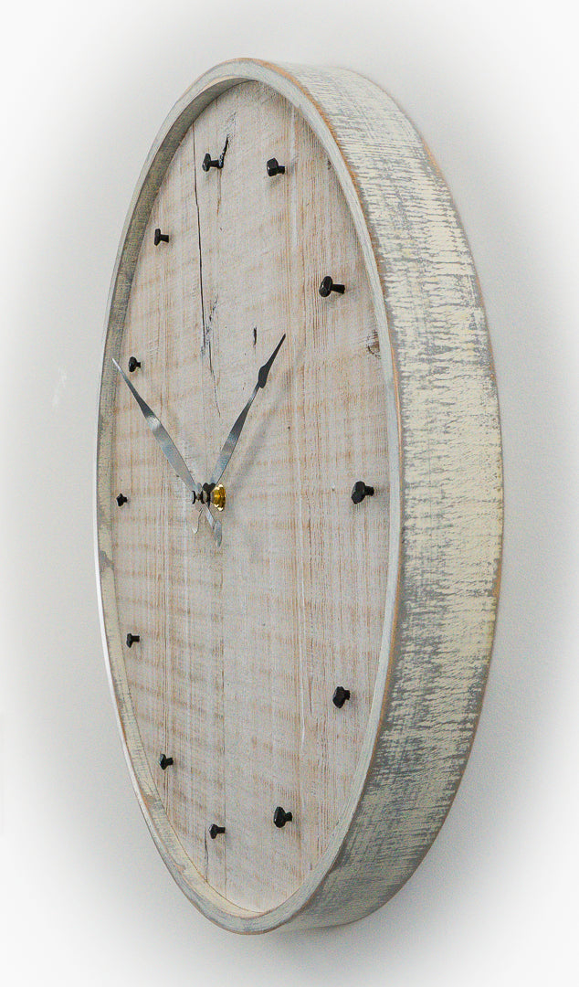 16" Reclaimed White Barnboard Wall Clock with Distressed Maple Frame & Antique Nail Hour Markers