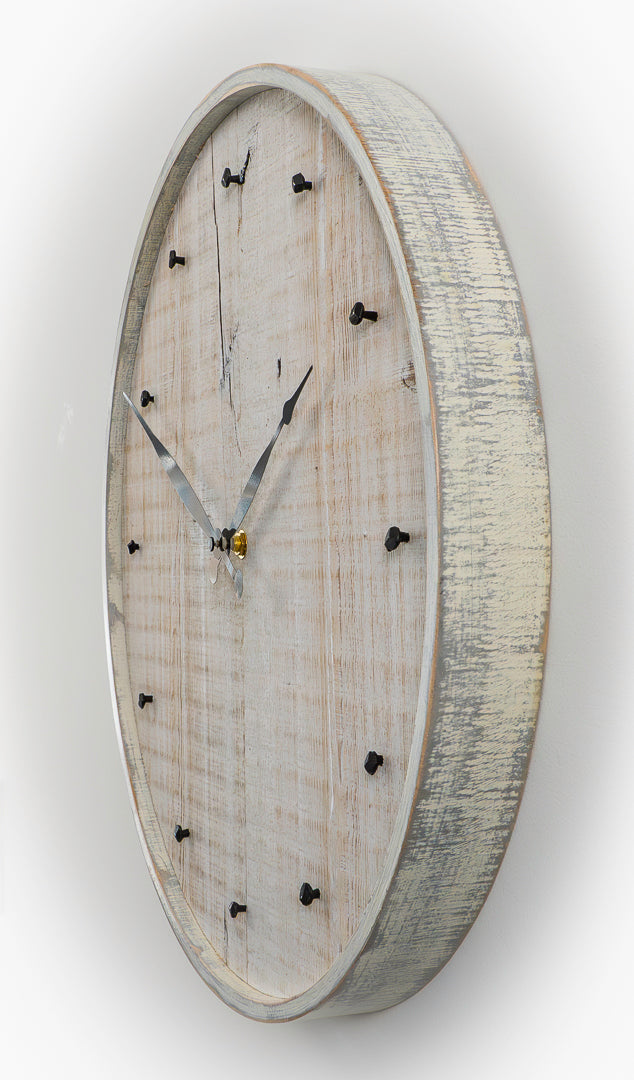 16" Reclaimed White Barnboard Wall Clock with Distressed Maple Frame & Antique Nail Hour Markers