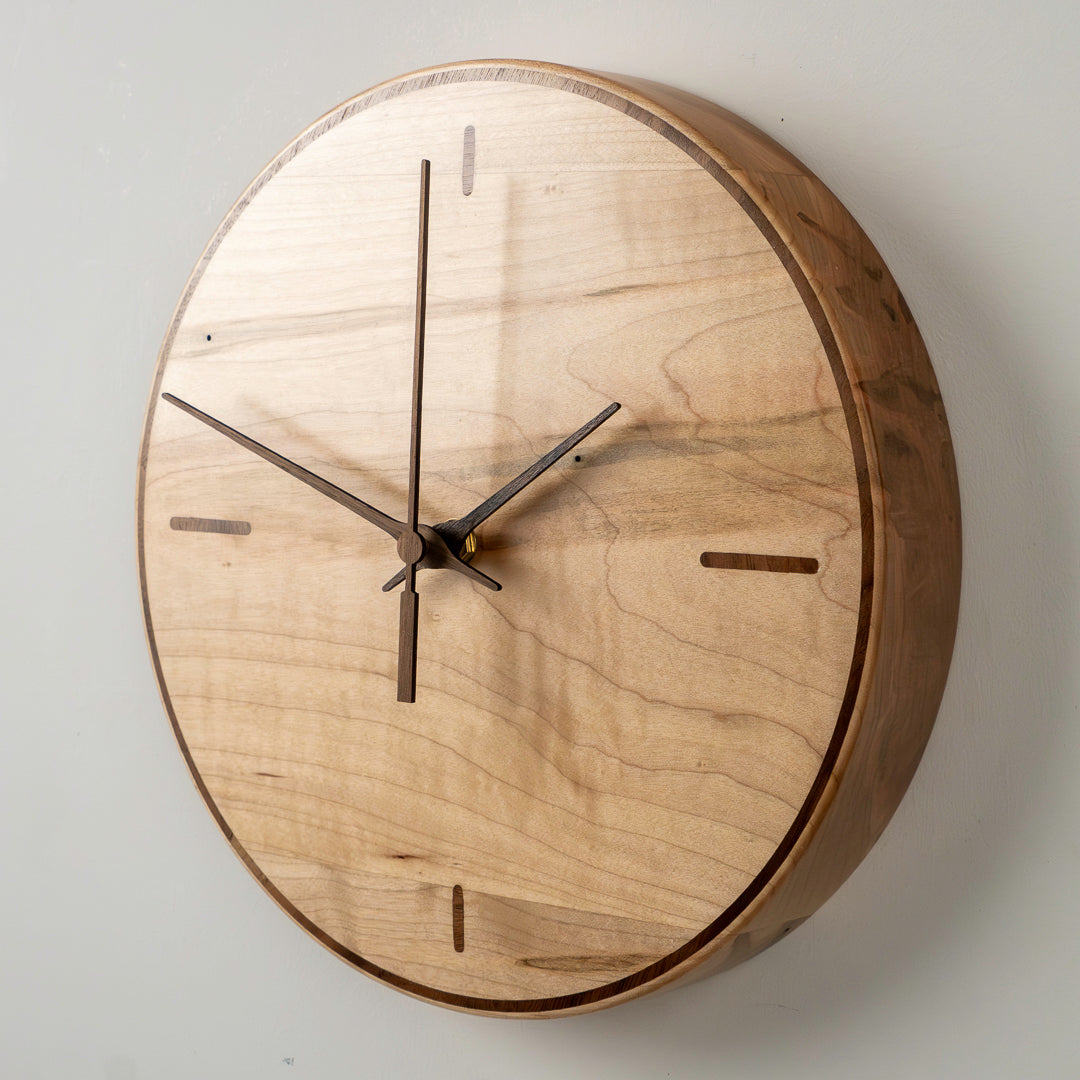 10" Solid Ambrosia Maple Clock with Walnut Inlay – Minimalist Style