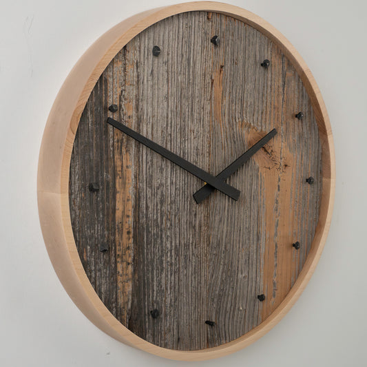 15" Barnboard Clock with Forged Nail Markers in Solid Maple Frame