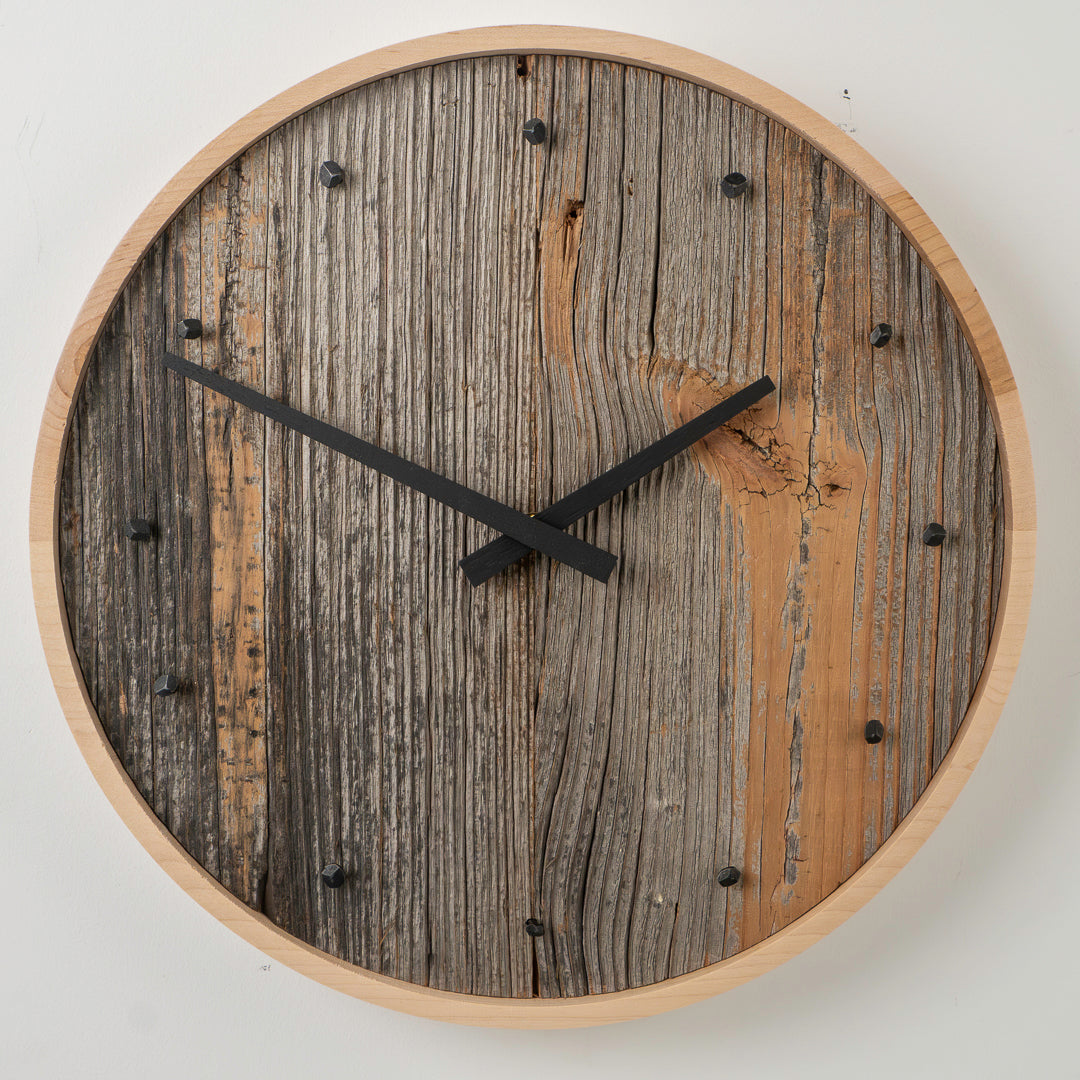 15" Barnboard Clock with Forged Nail Markers in Solid Maple Frame