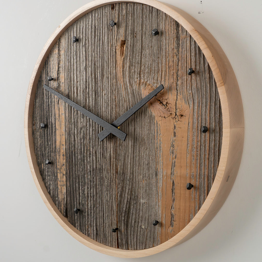 15" Barnboard Clock with Forged Nail Markers in Solid Maple Frame