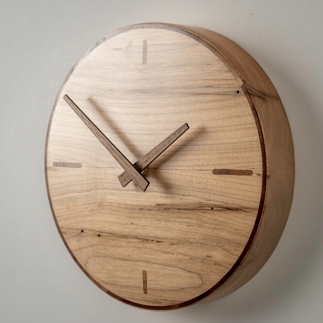9" Solid Ambrosia Maple Clock with Walnut Inlay