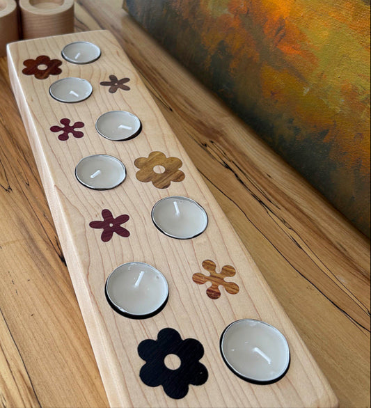 21" Solid Maple Tea Light Holder with Exotic Wood Floral Inlays – Holds 7 Candles