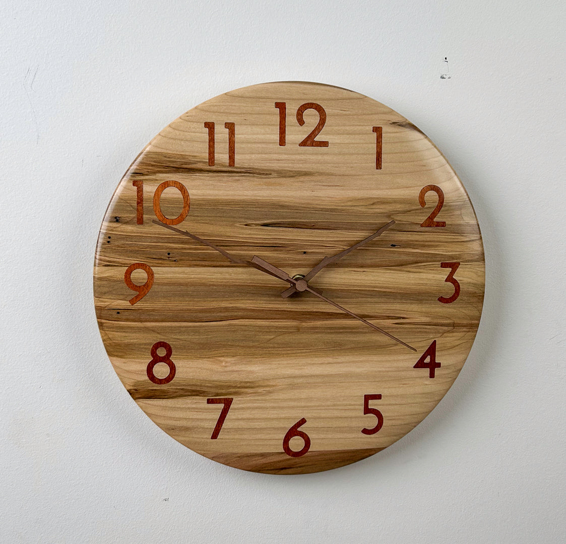 12" Ambrosia Maple Wall Clock with Inlaid Numerals and Walnut Hands