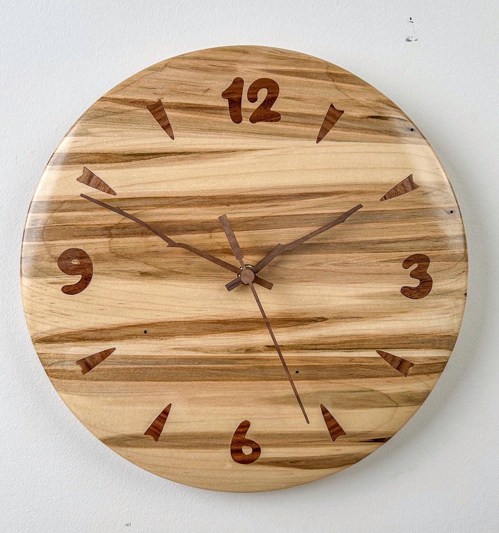 12" Ambrosia Maple Wall Clock with Inlaid Numerals and Walnut Hands