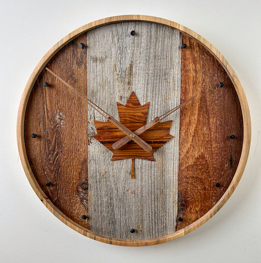 18" Reclaimed Barnboard Clock with Maple Leaf Inlay and Ambrosia Maple Frame