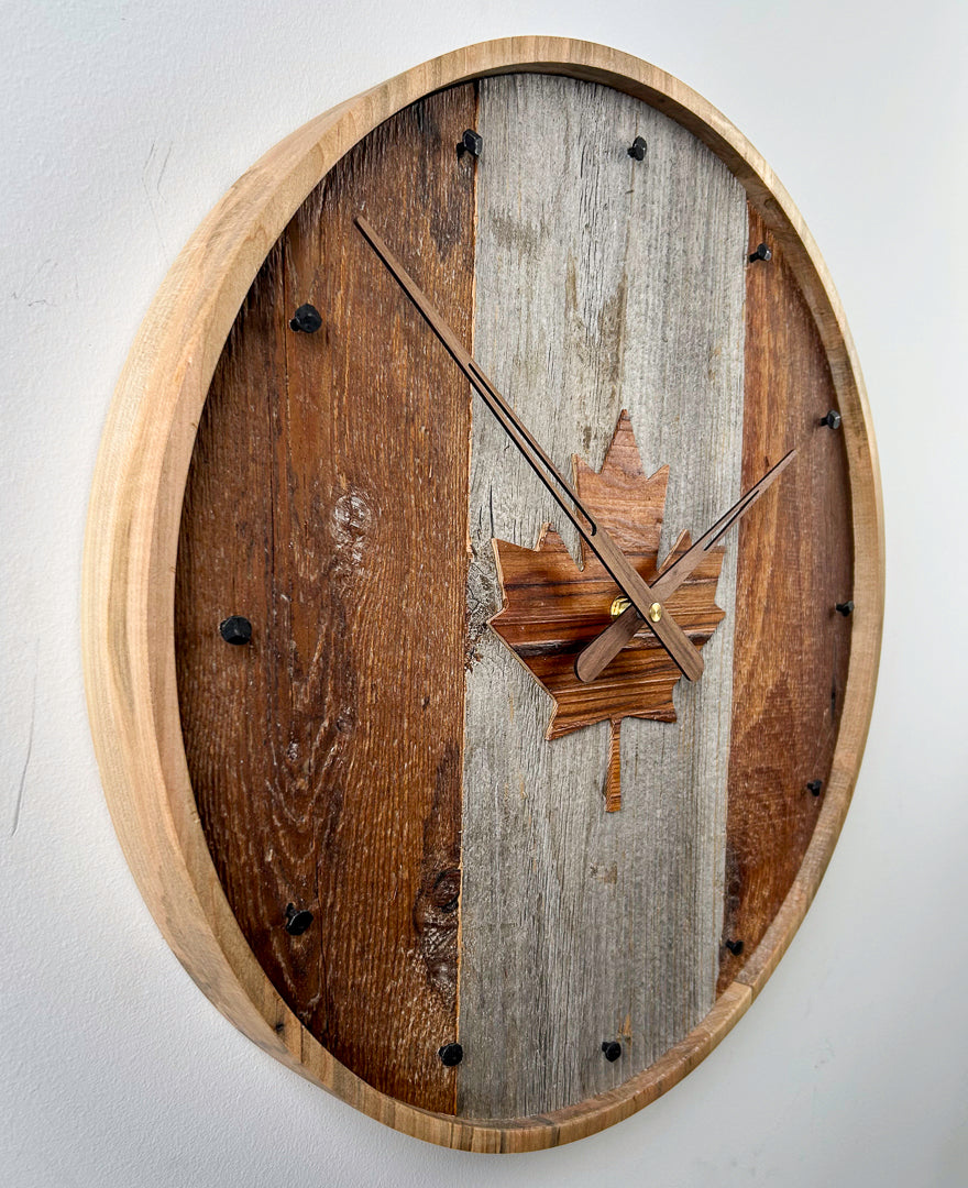 18" Reclaimed Barnboard Clock with Maple Leaf Inlay and Ambrosia Maple Frame