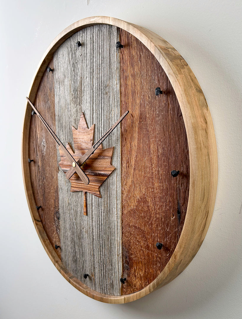 18" Reclaimed Barnboard Clock with Maple Leaf Inlay and Ambrosia Maple Frame