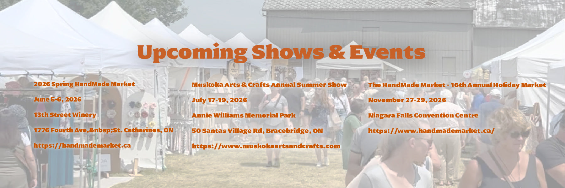 Promotional banner for upcoming shows and events with text and people in the background.