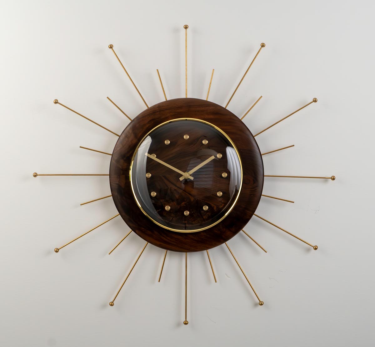 Walnut Starburst Wall Clock – Solid Brass & Solid Walnut