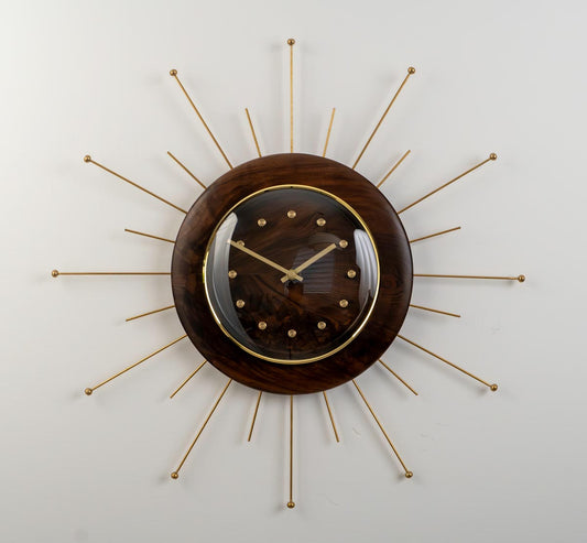 Walnut Starburst Wall Clock – Solid Brass & Solid Walnut