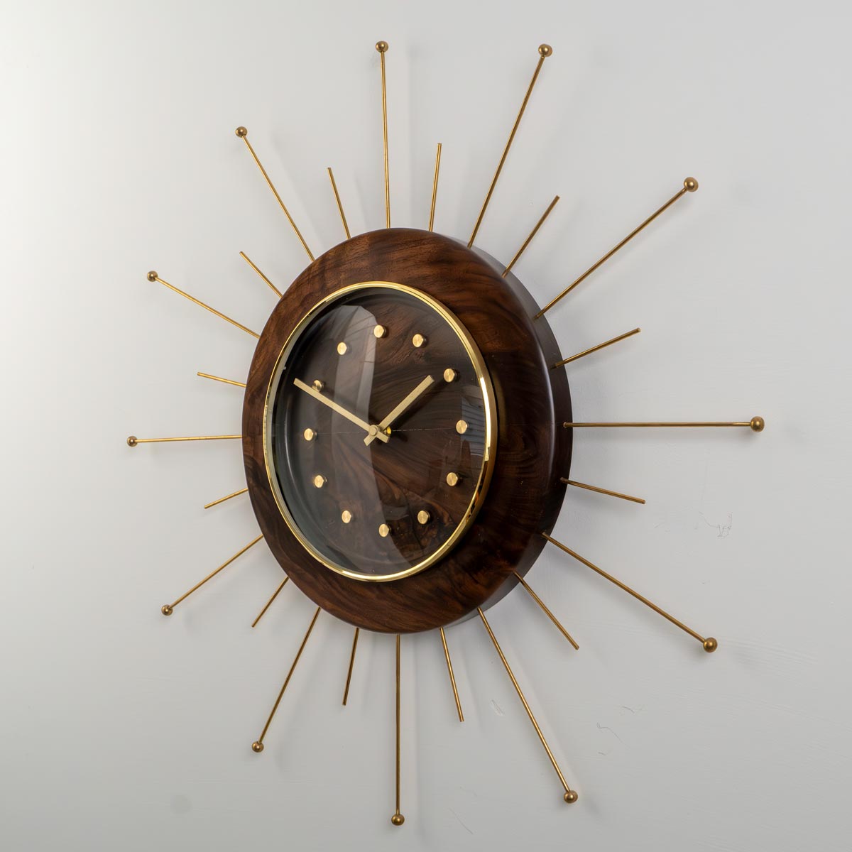 Walnut Starburst Wall Clock – Solid Brass & Solid Walnut