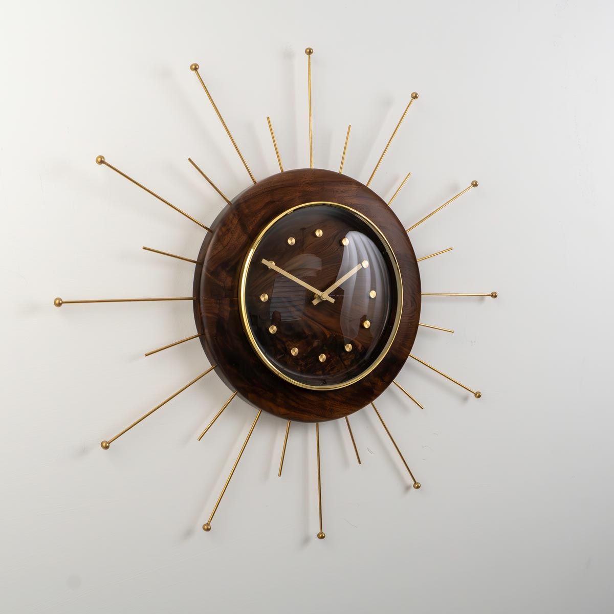 Walnut Starburst Wall Clock – Solid Brass & Solid Walnut