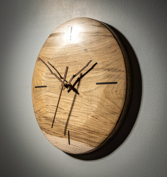 12" Ambrosia Maple Minimalist Wall Clock with Walnut Inlays & Hands – Gloss Wax Finish