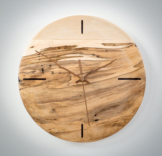 12" Ambrosia Maple Minimalist Wall Clock with Walnut Inlays & Hands – Gloss Wax Finish