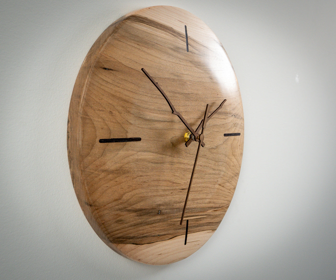 12" Ambrosia Maple Minimalist Wall Clock with Walnut Inlays & Hands – Gloss Wax Finish