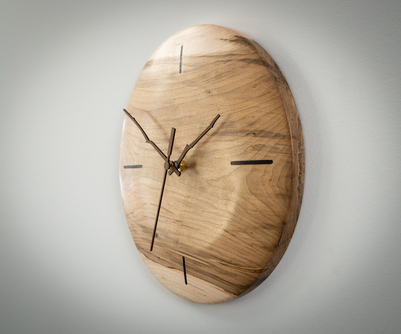 12" Ambrosia Maple Minimalist Wall Clock with Walnut Inlays & Hands – Gloss Wax Finish
