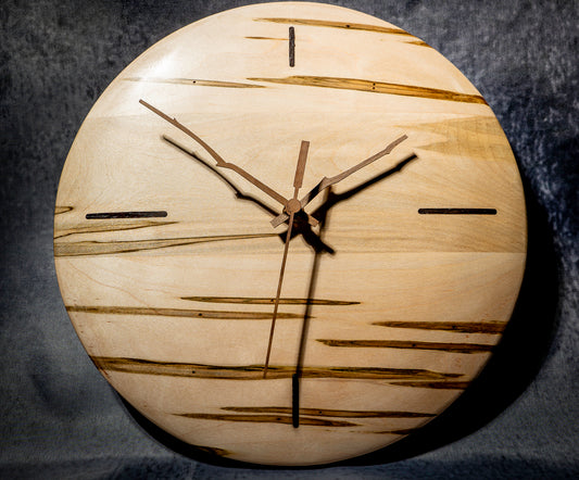 12" Ambrosia Maple Minimalist Wall Clock with Walnut Inlays & Hands – Gloss Wax Finish