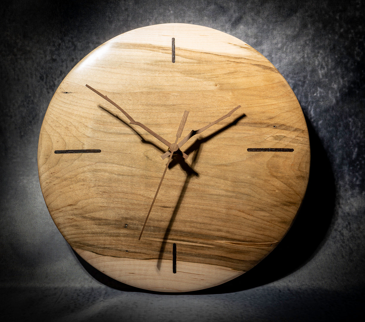 12" Ambrosia Maple Minimalist Wall Clock with Walnut Inlays & Hands – Gloss Wax Finish