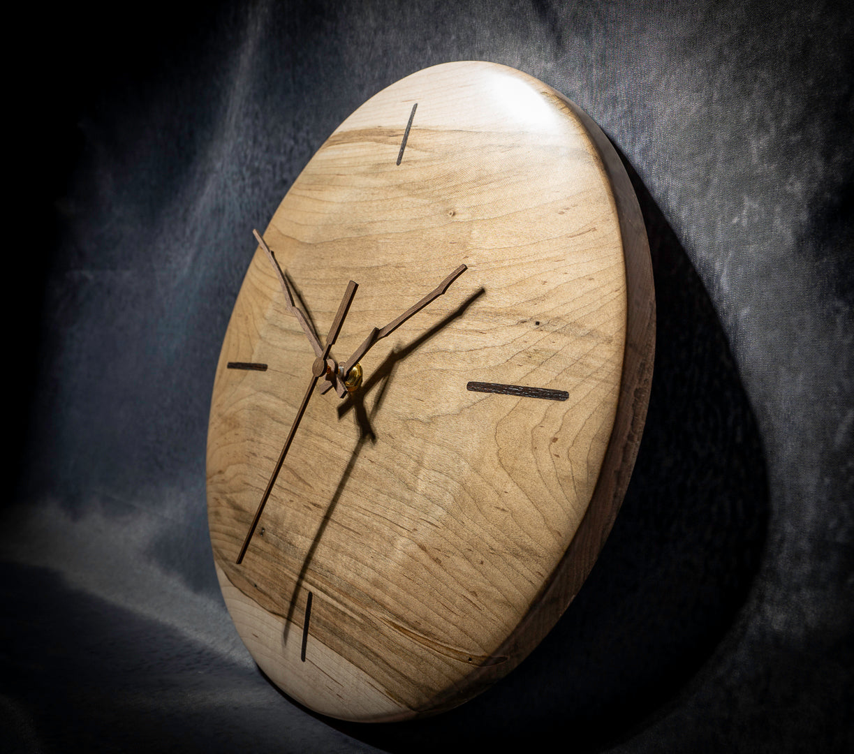 12" Ambrosia Maple Minimalist Wall Clock with Walnut Inlays & Hands – Gloss Wax Finish
