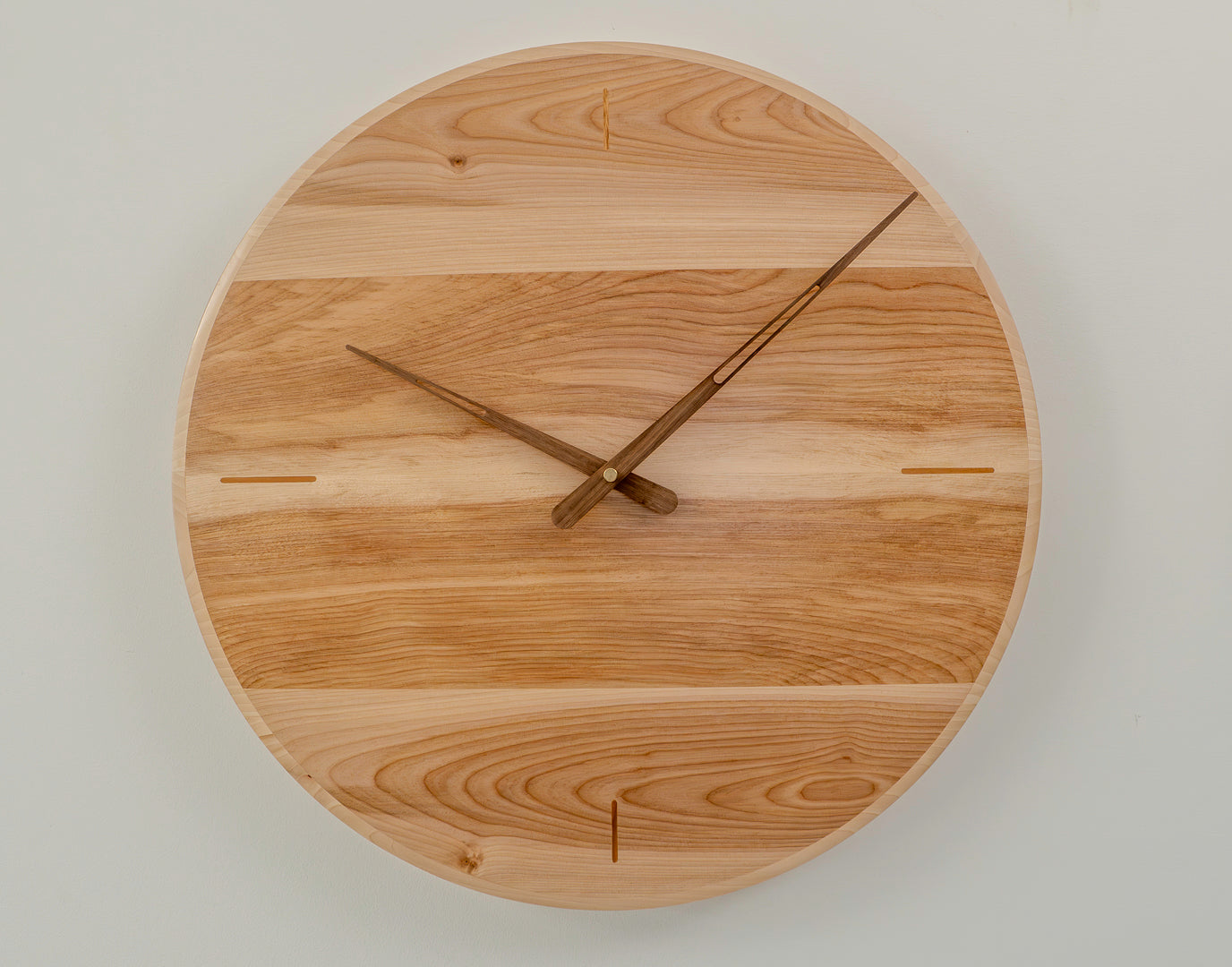 21" Solid Birch Minimalist Wall Clock with Teak Inlays & Walnut Hands – Semi-Gloss Acrylic Finis