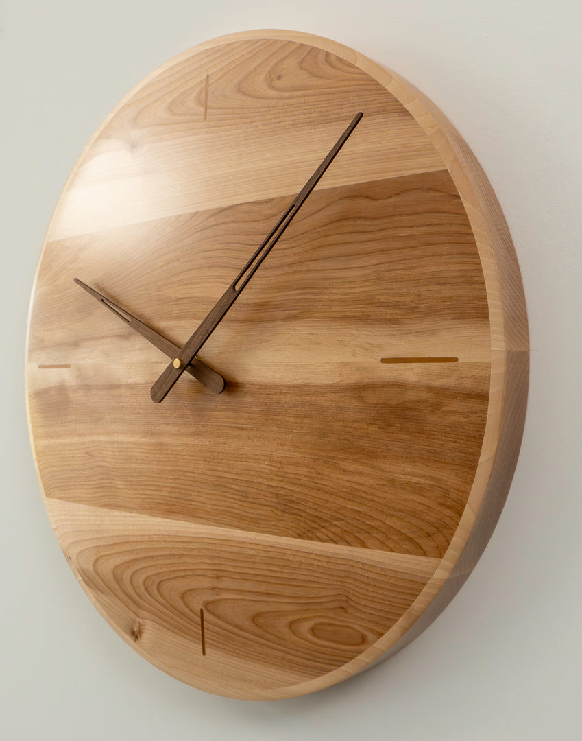 21" Solid Birch Minimalist Wall Clock with Teak Inlays & Walnut Hands – Semi-Gloss Acrylic Finis